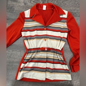 Vintage retro button up, striped‎ with buckle shirt, polyester long sleeve